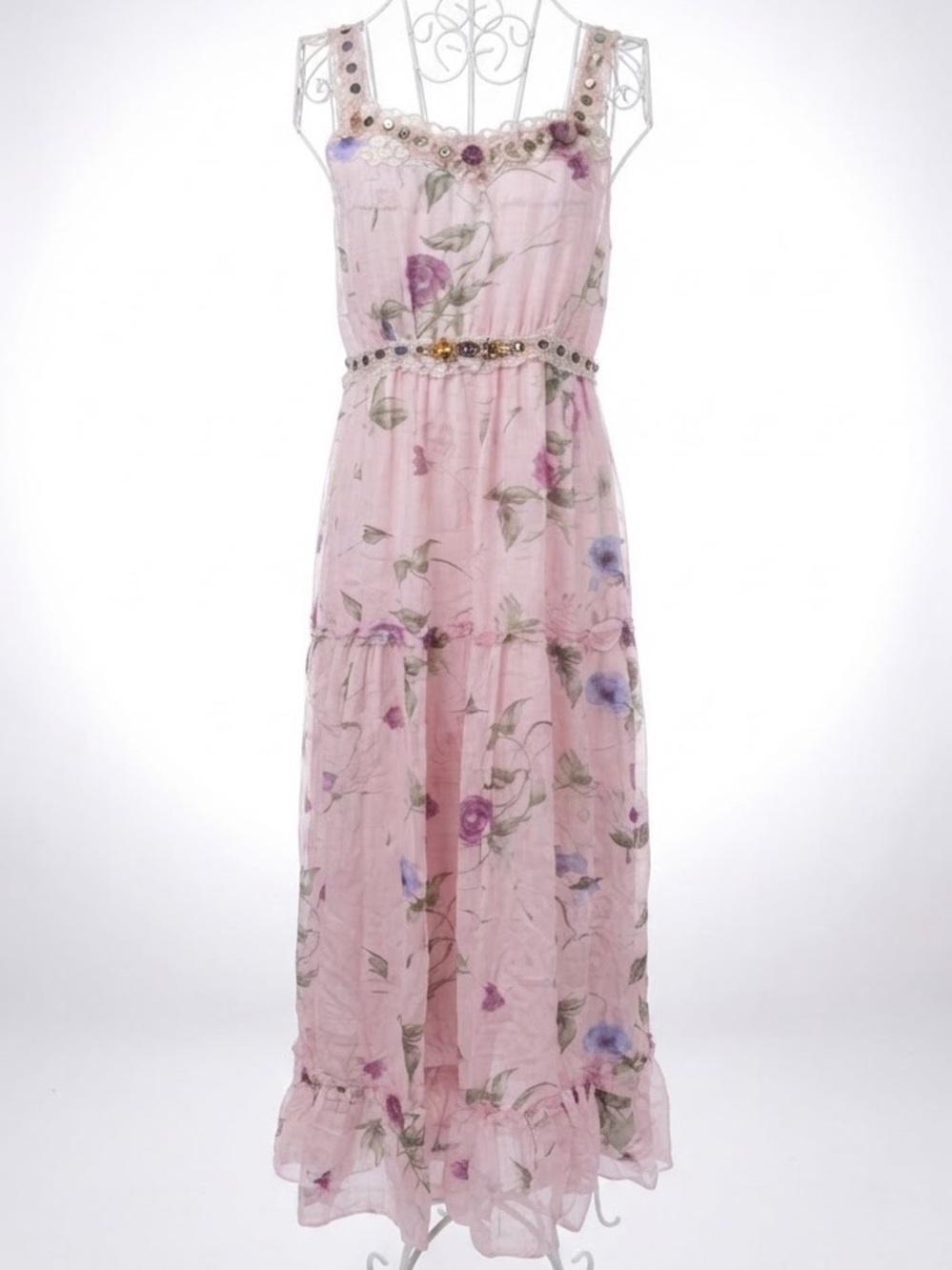 ⁠NWT Pink Mary Floral Chiffon Maxi Dress Beaded Embellished Fairycore Coquette M